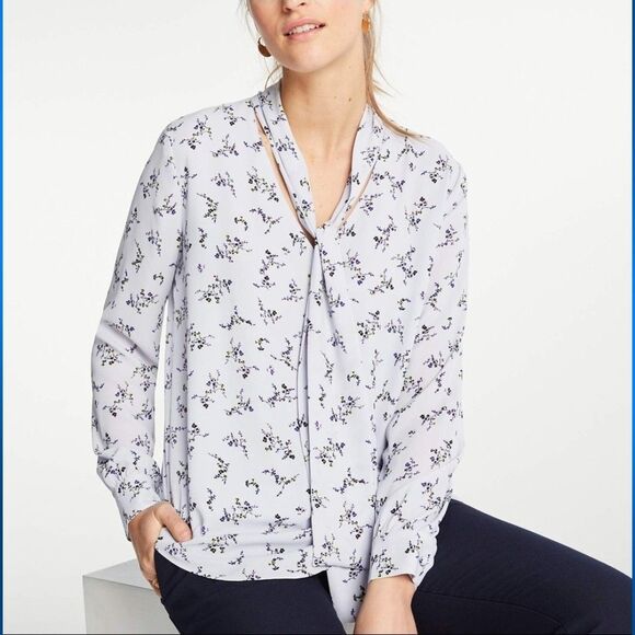 Ann Taylor Tops - Ann Taylor Women's Light Blue Long Sleeve Floral Blouse with Tie, Large